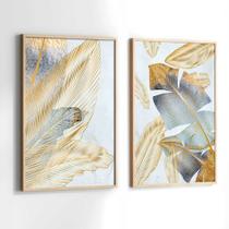 Quadros Decorativos com Moldura Folhas Azul Verde Dourada Sala Quarto Kit Conjunto 2