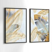 Quadros Decorativos com Moldura Folhas Azul Verde Dourada Sala Quarto Kit Conjunto 2