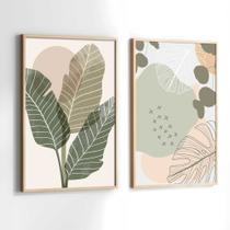 Quadros Decorativos com Moldura Folhas Clean Verde Rosa Sala Quarto Kit Conjunto 2