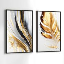 Quadros Decorativos com Moldura Folhas Gold Abstrato Sala Quarto Kit Conjunto 2