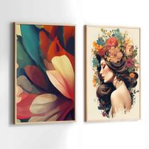 Quadros Decorativos com Moldura Mulher Flores na Cabeça Sala Quarto Kit Conjunto 2