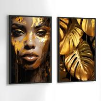 Quadros Decorativos com Moldura Mulher Preta Dourado Sala Quarto Kit Conjunto 2