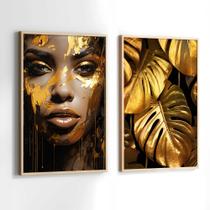 Quadros Decorativos com Moldura Mulher Preta Dourado Sala Quarto Kit Conjunto 2