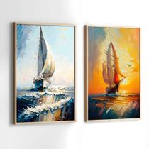 Quadros Decorativos com Moldura Pintura Barcos Sol Arte Sala Quarto Kit Conjunto 2