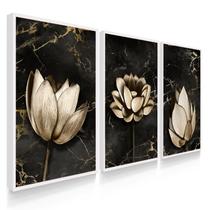 Quadros Decorativos com Moldura Sala Quarto Abstrato Flores Mármore Escuro - DECOREIRO