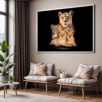 Quadros decorativos com Moldura Sala Quarto Leoa com 3 Filhotes Grande Hall