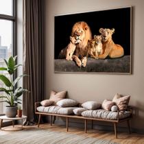 Quadros decorativos com Moldura Sala Quarto Leões Família 2 Filhotes Grande Hall