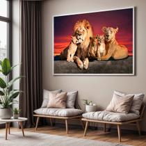 Quadros decorativos com Moldura Sala Quarto Leões Família 2 Filhotes Vermelho Grande Hall