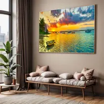 Quadros decorativos com Moldura Sala Quarto Paisagem Mar e Sol Grande Hall