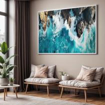 Quadros decorativos com Moldura Sala Quarto Praia Azul Pedras Paisagem Grande Hall