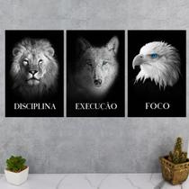 Quadros Decorativos DISCIPLINA EXECUÇÃO E FOCO Leão Lobo e Águia Sala Escritório Quarto Ambiente Moderno PMG