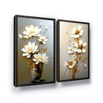 Quadros Decorativos Flor Vaso Pintura Branca Dourada p/ Sala