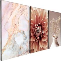 Quadros Decorativos Floral Flor Marmore Branco Rose Trio