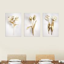 Quadros Decorativos Flores brancas e douradas Tulipas Escritório Quarto Ambiente Moderno PMG