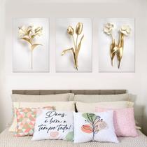 Quadros Decorativos Flores brancas e douradas Tulipas Escritório Quarto Ambiente Moderno PMG - D.Lima produtos