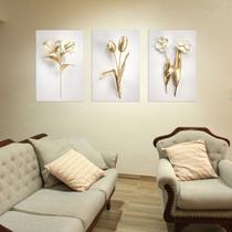 Quadros Decorativos Flores brancas e douradas Tulipas Escritório Quarto Ambiente Moderno PMG