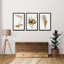 Quadros Decorativos Flores Douradas 3D Botânico Fundo Branco