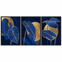 Quadros Decorativos Folhas Azul e Dourado 60x40 Sala Quarto - Essencial Decor