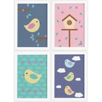Quadros Decorativos Infantil Pássaros Moldura Branca 4un 22 Quadros Decorativos Infantil Pássaros Moldura Branca 4un 22