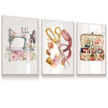 Quadros Decorativos kit 3 Costura Costureira Linha Máquina Costura Tesoura 33x43 cada