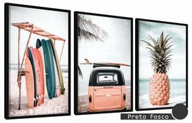Quadros Decorativos Kit 3 Moldura e Vidro Abacaxi Surf Kombi