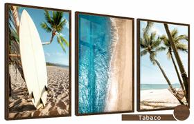 Quadros Decorativos Kit 3 Moldura e Vidro Coqueiros Surf Mar