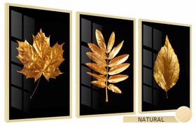 Quadros Decorativos Kit 3 Moldura e Vidro Folhas Douradas Sá