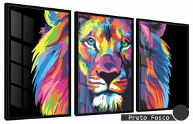 Quadros Decorativos Kit 3 Moldura e Vidro Leão Colorido Real
