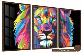 Quadros Decorativos Kit 3 Moldura e Vidro Leão Colorido Real