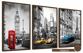 Quadros Decorativos Kit 3 Moldura e Vidro Londres Paris NY