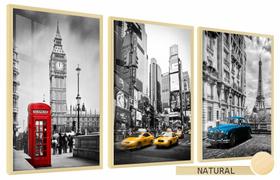 Quadros Decorativos Kit 3 Moldura e Vidro Londres Paris NY