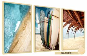 Quadros Decorativos Kit 3 Moldura e Vidro Mar Pranchas Surf