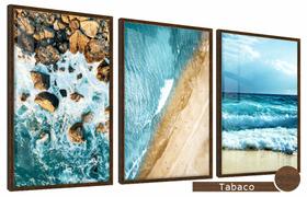Quadros Decorativos Kit 3 Moldura e Vidro Pedras Areia Mar