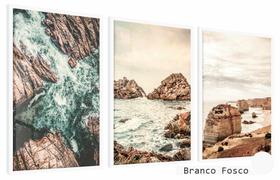 Quadros Decorativos Kit 3 Moldura e Vidro Pedras Mar Praia
