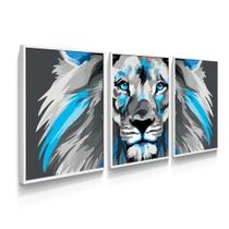 Quadros Decorativos Leão Face Azul Cinza Animal 3pç - cantinho da arte
