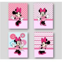 Quadros Decorativos Mosaico 4 Peças Minnie Menina Criança Infatil Quarto Bebe Girl Garota Rosa Rose