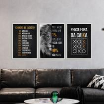 Quadros Decorativos Motivação Preto Leão Kit 3 Peças 28x40cm