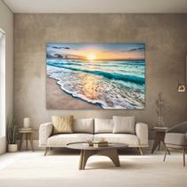 Quadros Decorativos para Quarto Sala 90x60 Ondas Praia Mar Por do Sol Paisagem Grande Escritório Hall