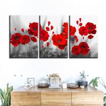 quadros decorativos para sala 3 peças papoilas vermelhas flores romanticas - KyMe
