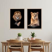 Quadros Decorativos para Sala Cozinha Quarto com Moldura Conjunto kit 2 Leão e Leoa Família