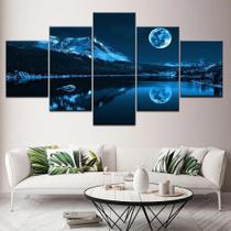quadros decorativos para sala lua azul reflexo ao mar neve noite 5 peças mosaico em mdf - Pri D'cora