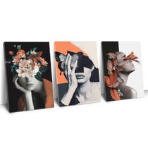 Quadros decorativos para sala moderna mulher flores no rosto em canvas trio 30x50cm