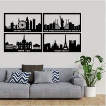 Quadros Decorativos para sala ou quarto Vazados 4 Cidades Paris, Nova York, Londres e Roma MDF Escultura Parede - MongArte Decor