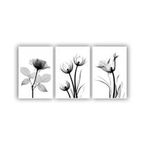 Quadros Decorativos quarto Floral Flores em Tons de Cinza Preto e Branco 60x40 - X4 Adesivos