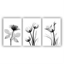 Quadros Decorativos quarto Floral Flores em Tons de Cinza Preto e Branco - x4adesivos