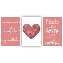 Quadros Decorativos quarto frases Amor Fé Gratidão Coração Rose Escrito Branco 60x40