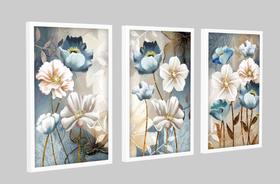 Quadros Decorativos Quarto Sala Conjunto Floral Tons Azuis