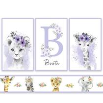 Quadros Decorativos Safari Zoo Menina Infantil + Faixa Adesiva Para Quarto Bebe