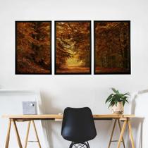 Quadros Decorativos Sala Autumn Paisagem Natureza Abstrato Trio Kit 3 Peças Com Moldura