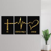 Quadros Decorativos Sala Frase Fé Esperança Amor Kit 3 Placa